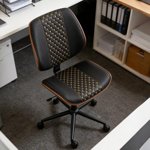 Modern Walnut Home Office Chair, Black-Embroidery | Executive Desk Chair No Armswith Wheels, Adjustable Height, Comfy PU, Deeper Cushion, Mid Back, 360 Swivel Computer Chair - color: Black-embroidery