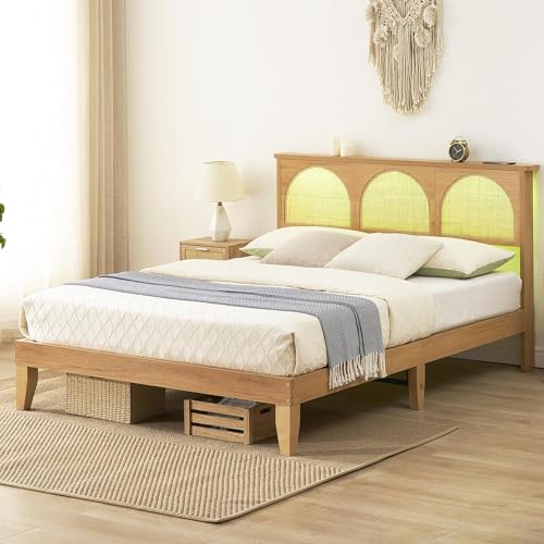 GAOMON Queen Bed Frame with Natural Rattan Headboard, Queen Size Platform Bed Frame with LED Lights and Rattan Headboard, Wooden Support Legs, No Box Spring Needed, Easy Assembly