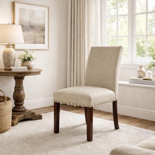 Homepop Home Decor | Classic Upholstered Parsons Dining Chairs | Set of 2 Accent Dining Chairs with Nailhead Trim, Natural Linen - color: Natural, style: Pack of 2