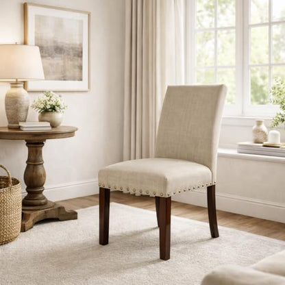 Homepop Home Decor | Classic Upholstered Parsons Dining Chairs | Set of 2 Accent Dining Chairs with Nailhead Trim, Natural Linen - color: Natural, style: Pack of 2