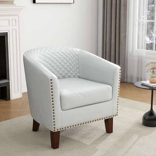 Faux Leather Accent Chair, Modern Barrel Club Chair, White | Comfy Upholstered Armchair for Living Room, Round Club Chair Single Sofa Bedroom Reading Seat | 26"D*29"W*29"H - color: White