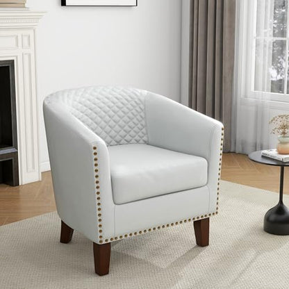 Faux Leather Accent Chair, Modern Barrel Club Chair, White | Comfy Upholstered Armchair for Living Room, Round Club Chair Single Sofa Bedroom Reading Seat | 26"D*29"W*29"H - color: White