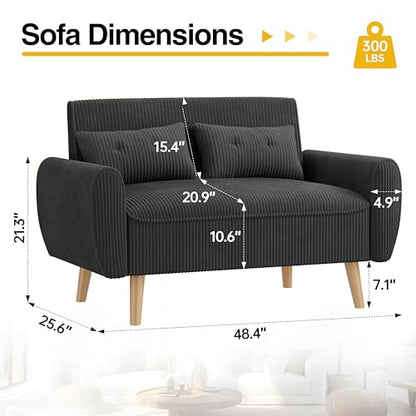 47'' Small Loveseat Sofa, 2 Seat Compact Couch with Tapered Legs, Black Upholstered Furniture, Solid Wood Frame, Comfy Foam Cushion, Easy Assembly for Small Spaces - color: Black