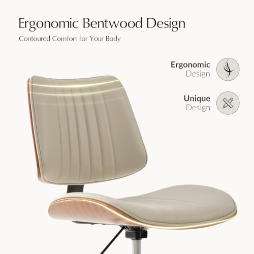 HULALA Home Faux Leather Home Office Desk Chair No Wheels, Ivory | Mid-Century Modern Desk Chair with Wood Legs, 360° Swivel Computer Task Chair with Channel-Tufted Backrest, Height Adjustable - color: Ivory
