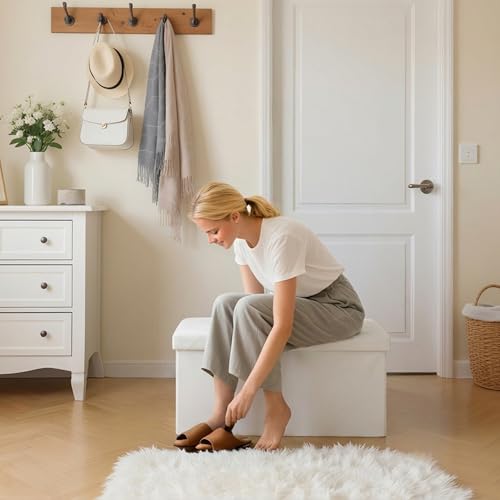 DUMOS 30 Inch Folding Ottoman with Storage Bench, Foot Rest Stool Ottoman | Upholstered End of Bed Storage Bench, Storage Ottoman Loads 660 Lbs for Bedroom, Living Room, Synthetic Leather, Beige - color: Beige, size: 15.2"D x 30"W x 15.2"H