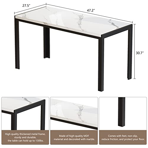 Dining Room Table Set with 2 Benches, Dining Table Set for 4-6, Dinner Table Set for 4, Faux Marble Breakfast Table Set & PU Leather Upholstered Benches for Small Spaces, Apartment, White - color: White