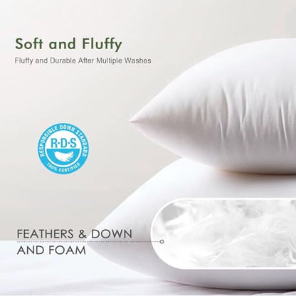 TOPGREEN Feather Down Throw Pillow Inserts 20 x 20, Set of 2, 100% Organic Cotton Shell, Soft Decorative Square Pillows Insert for Living Room Sofa, Couch, or Bed (White) | 100% Organic and Double-Layer Down-Proof Cotton Cover, Ethical-Sourced Feather Dow