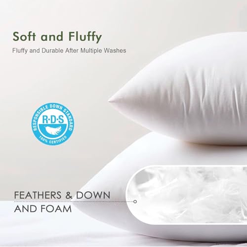 TOPGREEN Feather Down Throw Pillow Inserts 18 x 18, Set of 2, 100% Organic Cotton Shell, Soft Decorative Square Pillows Insert for Living Room Sofa, Couch, or Bed (White) | 100% Organic and Double-Layer Down-Proof Cotton Cover, Ethical-Sourced Feather Dow