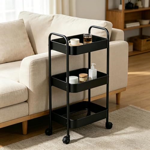 Multifunctional Rolling Utility Cart, 3-Tier Wheeled Storage Organizer with Brakes, Portable Shelving Unit for Home & Office Black