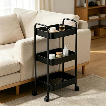 Multifunctional Rolling Utility Cart, 3-Tier Wheeled Storage Organizer with Brakes, Portable Shelving Unit for Home & Office Black