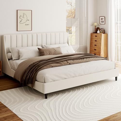 King Bed Frame Velvet Upholstered Platform Channel Wingback Headboard | Biege Tufted Bed-Base, Solid Wood Slat Support, No Box Spring Needed, Noise Free, Easy Assembly, Mattress Foundation - color: Beige, size: King