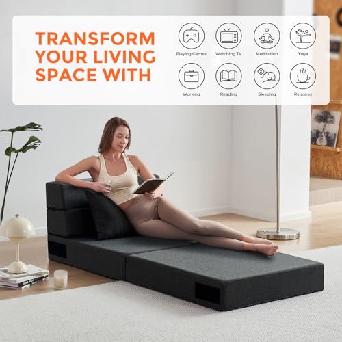 Folding Sofa Bed - Convertible Sleeper Chair with Pillow, Folding Chair Bed, Foam Floor Mattress, Futon Couch, Lazy Sofa for Living Room/Dorm/Guest Room/Home Office,Single，Gray