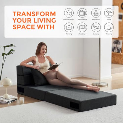 Folding Sofa Bed - Convertible Sleeper Chair with Pillow, Folding Chair Bed, Foam Floor Mattress, Futon Couch, Lazy Sofa for Living Room/Dorm/Guest Room/Home Office,Single，Gray
