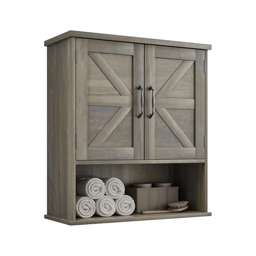 Bathroom Wall Cabinet with Barn Doors, Wall Mounted Bathroom Storage Cabinet, Farmhouse Style, Adjustable Shelf, Wall Mounted, Grey - color: Grey, size: Small Bathroom Cabinet