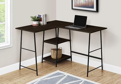 Computer Desk L-Shaped Corner Desk 48" 3-Tier Writing Desk with Storage Shelves, Espresso Laminate Top, Black Metal Sawhorse Legs, Space-Saving Home Office Laptop Workstation