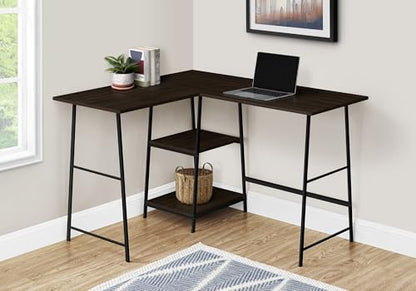 Computer Desk L-Shaped Corner Desk 48" 3-Tier Writing Desk with Storage Shelves, Espresso Laminate Top, Black Metal Sawhorse Legs, Space-Saving Home Office Laptop Workstation
