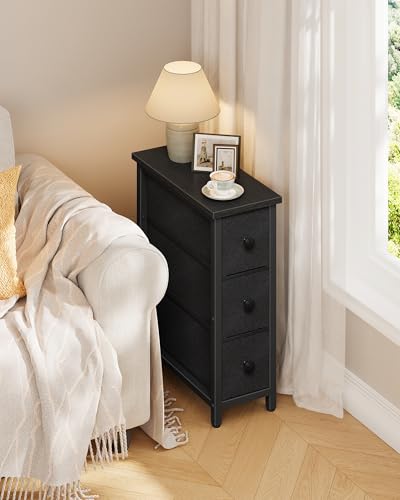 Narrow Side Table with 3 Fabric Drawers, Industrial Slim Bedside Table for Small Spaces, Bedroom, Living Room, Dormitory, Black TBZ09BB - color: Black
