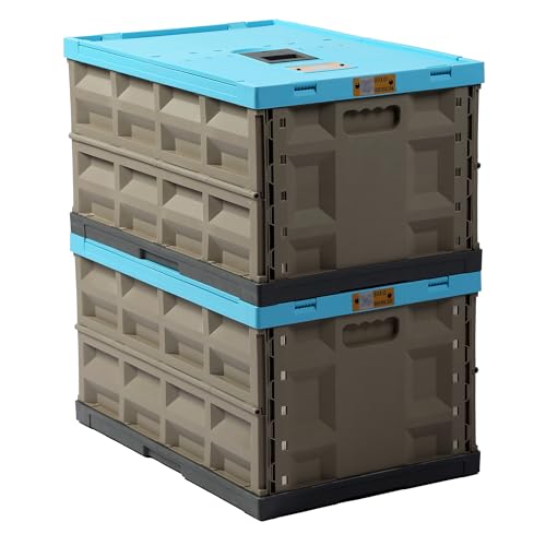 Heavy Duty Collapsible Storage Bins, Attached Lids, 12 Gal, 2 Pack | 400 LBS Stacking Strength, Secure Slide Lock, Durable PP Plastic, For Garage / RV / Car Trunk / Moving - color: Blue - 45L - Pack of 2