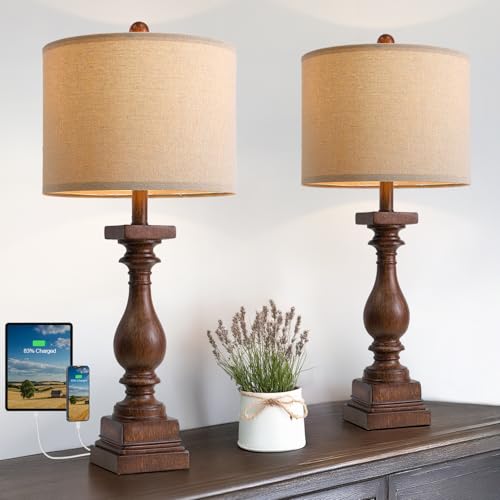 BOBOMOMO 27" Farmhouse Living Room Lamps with USB-A +C Ports, Vintage Rustic Bedside Night Stand Lamps Set of 2, Linen Shade, Retro Side Table Lamps for Living Room, Bedroom (Blubs not Included) - color: Brown