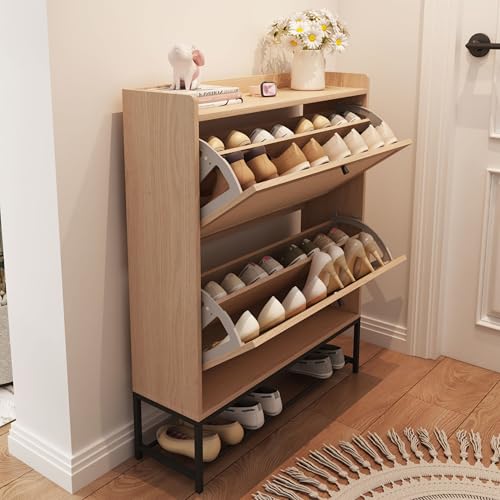 Narrow Shoe Storage Cabinet for Entryway with 2 Flip Drawers,Natural | Freestanding Narrow Shoe Cabinet with Natural Linen Panel, Slim Wood Shoe Organizer Closed Shoe Rack for Hallway, Foyer - color: Natural, size: 2 Drawers Standard