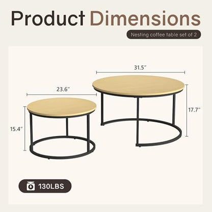 Otterease Nesting Tables Set of 2, 31.5" Round Coffee Table, Small Nesting Coffee Table with Adjustable Non-Slip Fee, Wood Grain Top Nesting Tables for Living Room, Bedroom (Wood Grain Light Brown) - color: 31.5" Wood Grain Light Brown