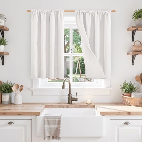 BGment Linen Blackout Curtains 36 Inch Length, Greyish White Kitchen Drapes with Rod Pocket Textured Room Darkening for Small Window Privacy, 2 Panels Set, Each 30 Inch Wide - color: Greyish White, size: 30"W x 36"L (Pack of 2)