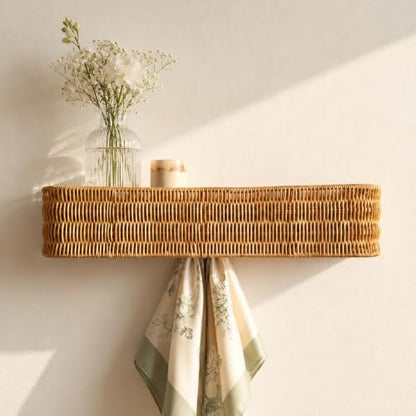 Rattan Coat Rack Wall Mount with Shelf, Hidden Hooks | 5 Hidden Hooks for Coats, Bags & Towels, Japandi Scandinavian Style