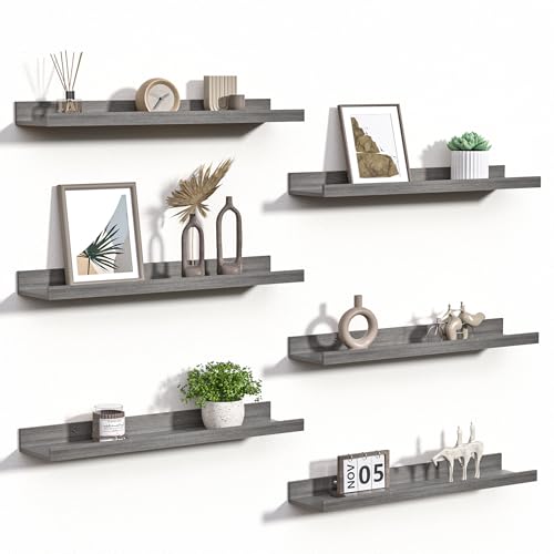 upsimples Floating Shelves for Wall Decor and Storage, Grey, 6Pcs 23.6'' | Wall Mounted Wood Shelves for Living Room, Bedroom, Bathroom, Kitchen, Office, Nursery Room, Coffee Bar Display and Organize - color: Grey, size: 23.6in