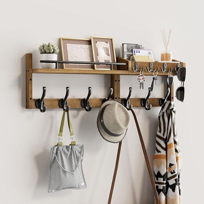 29 inch Coat Rack Wall Mount with Shelf, Entryway Wall Shelf with Hooks, Heavy Duty Coat Hanger Wall Mount with Key Holders and Mail Organizer for Living Room, Bedroom, Brown - color: Brown