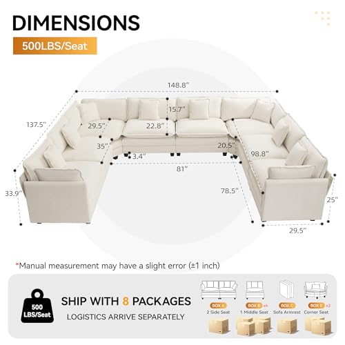 147'' Oversized U Shaped Cloud Sectional Sofa, Chenille Deep Seat Couches for Living Room, Comfy Upholstered Modular Sectional Sofa Couch, Beige - color: Beige, size: 147'' Oversized U Shape