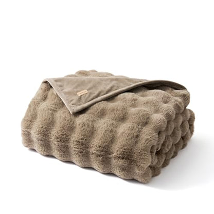 Faux Rabbit Fur Bubble Throw Blanket, 50"x60", Greige | Ultra Soft, Luxury Faux Rabbit Fur Throw, Thick Warm Bubble Blanket, Cozy Fluffy Reversible, for Bed, Couch, Chair, Sofa - color: Greige, size: 50"x60"