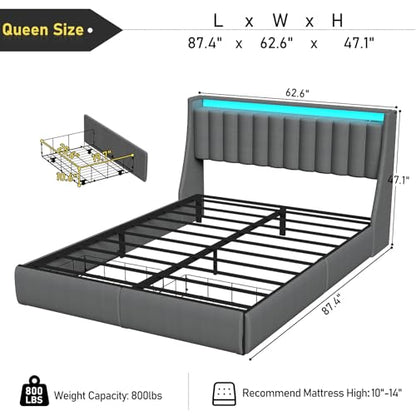 SADENICEL Queen Bed Frame with 2 Storage Drawer, Queen Size Bed Frame, Grey | Headboard with Charging Station and LED Lights, Metal Platform Bed with Storage Shelf, Noise Free, No Box Spring Needed - size: Queen, style: Channel Tufted & 2 Storage Drawers