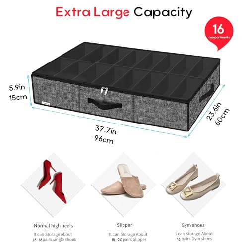 Onlyeasy Sturdy Under Bed Shoe Storage Organizer Fit 8 to 16 Pairs, Collapsible Closet Underbed Shoes Container Bags with Reinforced Handles, 37.7x23.6x5.9in, Linen-like Black, MXAUBS16P1 - color: Linen-like Black 1 Shoes (16 Cells)