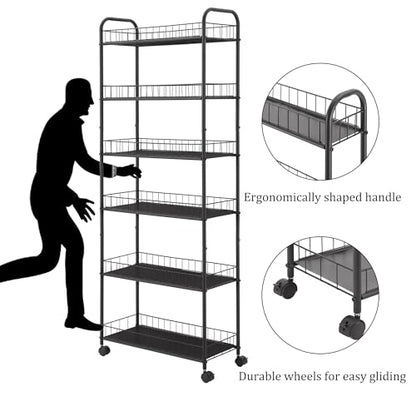 6-Tier Storage Cart Wire Slim Shelving Shelf with Wheels for Small Spaces, Rolling Tall Organizer Storage for Bathroom, Kitchen, Home, Garage, Bedroom, Closet (Black, 10“D)