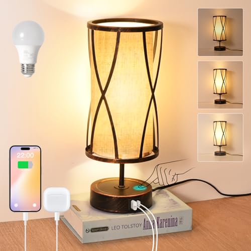 Distressed Table Lamps for Living Room, 3 Way Dimmable Touch Lamps, Small Bedside Lamps with LED Bulbs, USB Ports C+A, Nightstand Lamp for Kids Room, Bedroom, Office (1 Pack Iron) - size: 1 Pack Iron