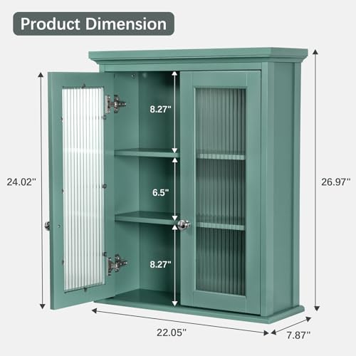 Over The Toilet Storage Cabinet, Bathroom Cabinet Wall Mounted with Built-in Level, Medicine Cabinet with Fluted Glass Doors, Wall Cabinet for Bathroom, Kitchen, Laundry Room, Halcyon Green - color: Halcyon Green