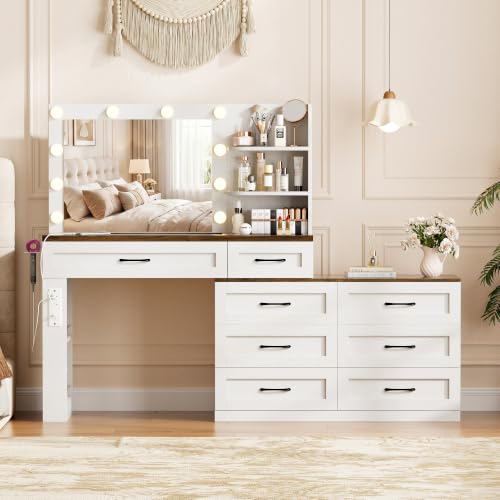 Farmhouse Makeup Vanity Desk, Vanity 6-Drawer Dresser Combo, Antique White | Large Make Up Dressing Table, with Mirror and Lights, Glass Top, 8 Drawers, Charging Station, Open Storage, for Bedroom