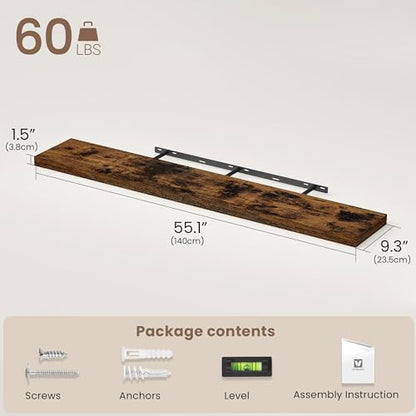 Vivelove Floating Shelves 9 inch Deep 55”Long Set of 2, Rustic Brown | Easy Install With Hardware, 1.5" Thick, Invisible Brackets, Wall Mounted, No Sagging, For Any Room - color: Rustic Brown, size: 55”wx9.3”dx1.5”h