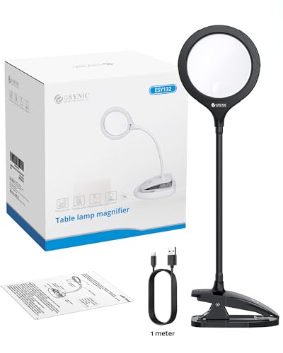 eSynic Desk Table Magnifying Glass with 15 LED Lights-800mAh Rechargeable | 5X & 10X Acrylic Lens-15 LEDs-3-Level Dimmable-Flexible Gooseneck-Clamp & Base Stand – for Reading/Soldering/Crafts/Elderly