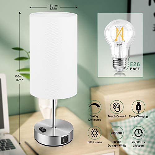 Set of 2 Touch Control Table Lamps with 2 USB Charging Ports&AC Outlet, 3-Way Dimmable Bedside Nightstand Lamps with White Fabric Lampshade for Reading, Bedroom, Living Room, A19 LED Bulbs Included - color: White