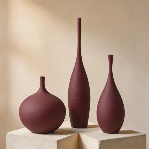 Ceramic Vases Set of 3, Modern Boho Vases for Centerpiece Decor, Matte Burgundy Minimalist Decorative Vases for Home Decor, Living Room, Bookshelf, and Entryway Table Decor - color: Burgundy