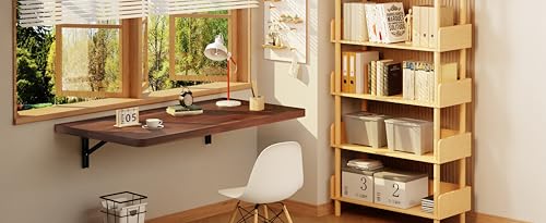 IAE Floating Wall Mounted Folding Table Desk with Pine Wood,36x22in, Walnut | Foldable Workbench,Fold Down Wall Mounted Foldable Desk with Shelf Brackets,Laundry Folding Table for Home,Dining,Kitchen - color: Walnut, size: 36*22*10 Inch