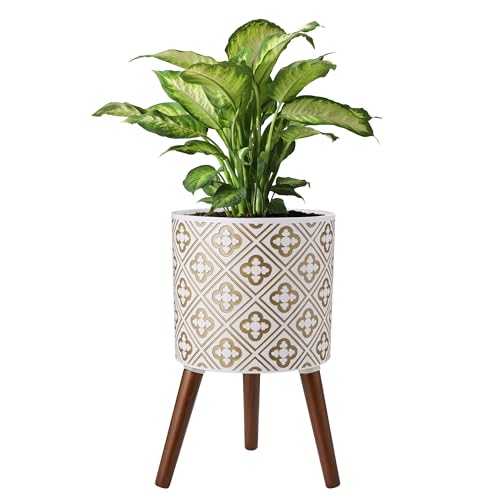 naclto 10 Inch Planter with Stand, Plant Pot for Indoor Plants, Large Modern Flower Pots Indoor Outdoor with Drainage for Home Garden Patio, White ＆ Gold - color: M White and Gold, size: 10 Inch