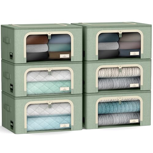 Sorbus Storage Bins with Metal Frame - Stackable & Foldable Clothes Organizer Bags - Oxford Fabric Storage Containers with Large Clear Window & Carry Handles, Bedroom Organization for Bedding & Linen - color: Teal, size: 6 Pack
