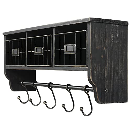 HBCY Creations Wall Mounted Shelf with Coat Hooks and Baskets, Solid Wood Entryway Organizer Wall Shelf with Hooks - Hang Coats, Keys or Coffee Mugs, Rustic Blackwash 24" Wide - color: Blackwash