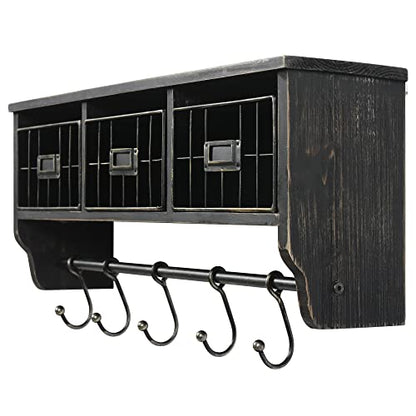 HBCY Creations Wall Mounted Shelf with Coat Hooks and Baskets, Solid Wood Entryway Organizer Wall Shelf with Hooks - Hang Coats, Keys or Coffee Mugs, Rustic Blackwash 24" Wide - color: Blackwash