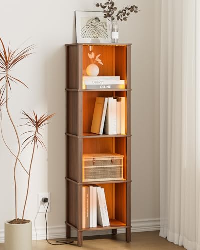 Book Shelf with LED Lights, Modern 4-Tier Bookcase, Open Storage Bookshelf, 11 × 14.2 × 50.4 Inches, Small Narrow Bookshelves for Living Room, Home Office, Bedroom, Walnut - color: Walnut