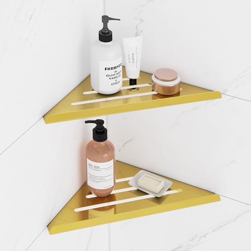 Shower Corner Shelf,304 Stainless Steel Shower Caddy, No Drill Shower Shelf,Won't Fall Off Shower Organizer, Large Capacity Floating Corner Shower Shelves Shampoo Holder (Gold 2-Pack) - color: Gold 2-pack