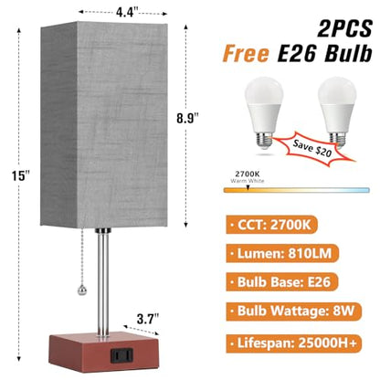 PLMMY Bedside Table Lamp for Bedroom Nightstand, 3 Color Pull Chain Nightstand Lamps Set of 2 with AC Outlets, Square Gray Lampshade Bedside Lamp for Living Room, Office Desk, LED Bulb Included - color: Gray Shade-Brown Base