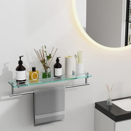 24-Inch Towel Rack with Shelves Tempered Glass Bathroom Shelves with Bar - Chrome Polished Modern Stainless Steel, Wall Mount Rustproof Tower Rail - color: Chrome Polished, size: 24-inch with Railing
